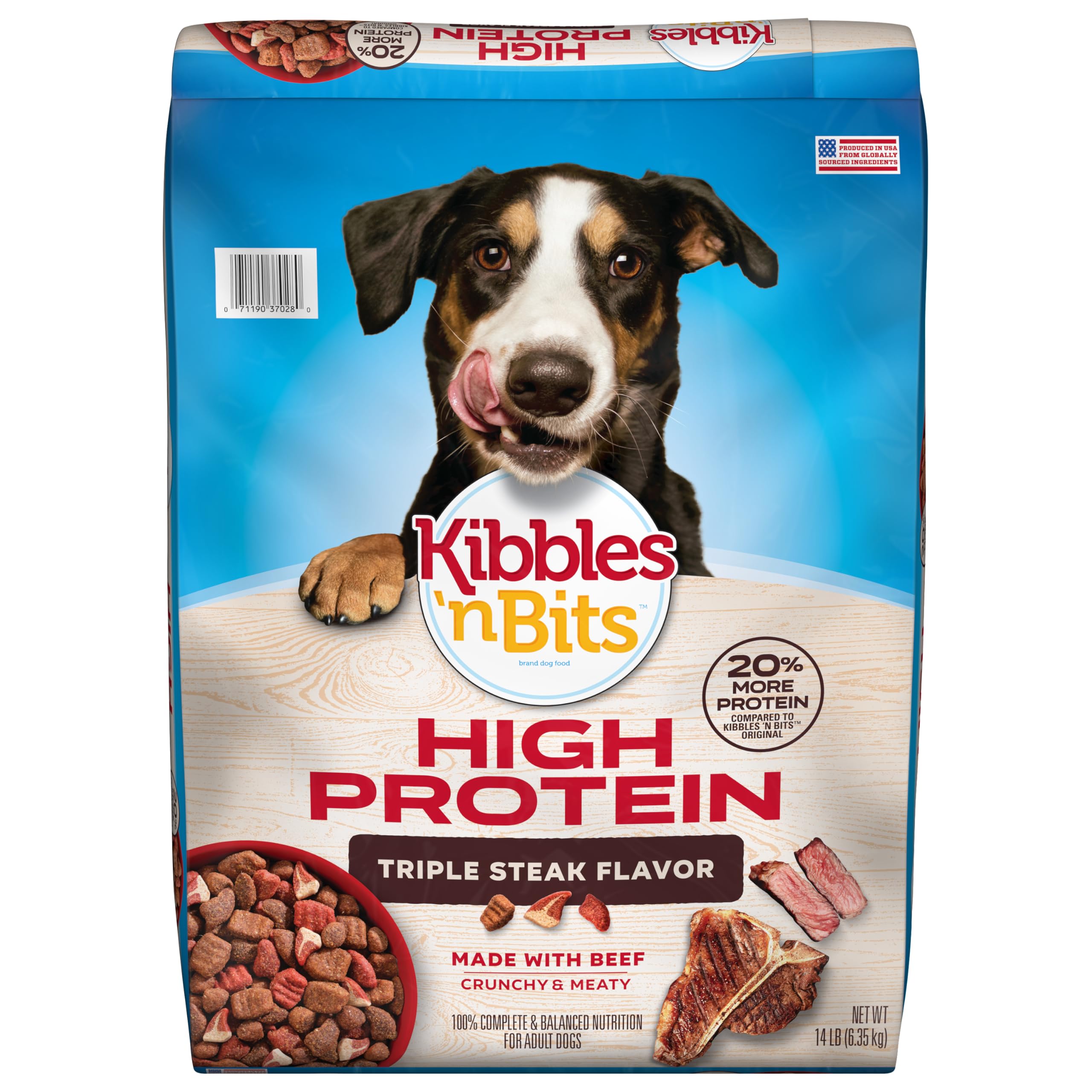 Kibbles 'n Bits Triple Steak bag shows protein-rich dry dog food for lean muscles.