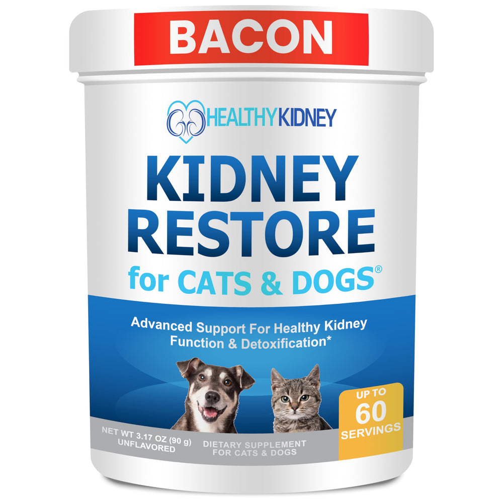 Kidney Restore: bote y etiqueta visibles, destacan el apoyo renal para gatos y perros