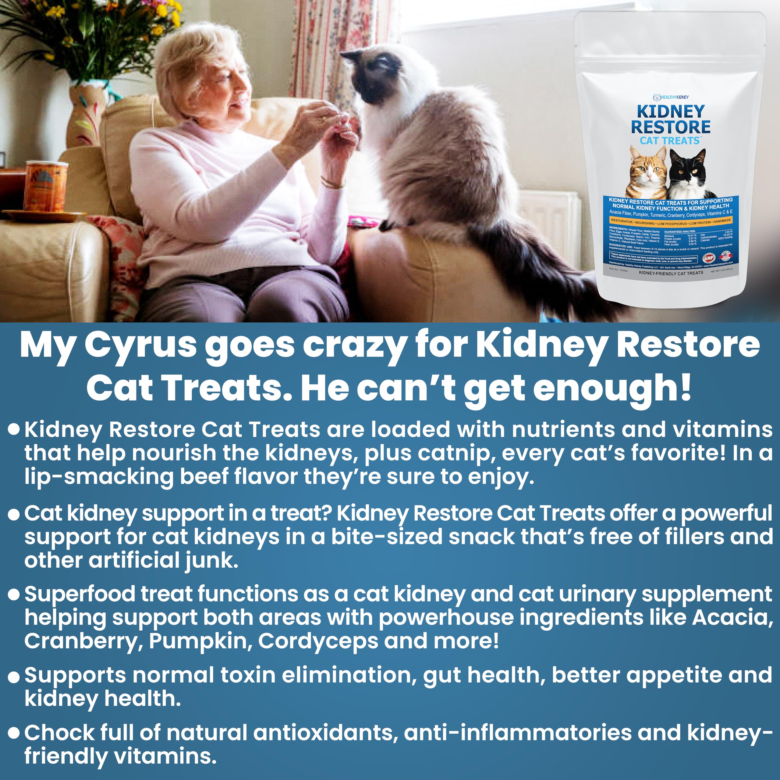 Kidney Restore: gato activo gracias a vitaminas C y E y antiinflamatorias naturales.