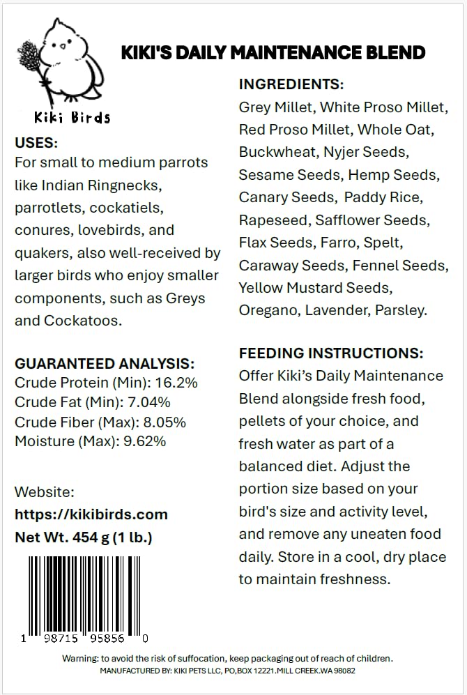 KikiBirds Premium Parrot Food encourages foraging habits in cage.