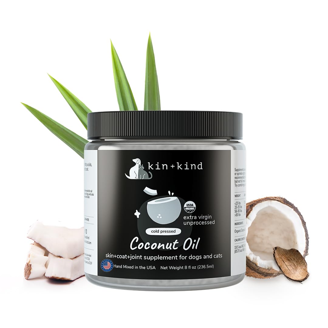 kin+kind Aceite de Coco Orgánico, primer plano piel suave, apoyo a la hidratación de la piel de mascotas.