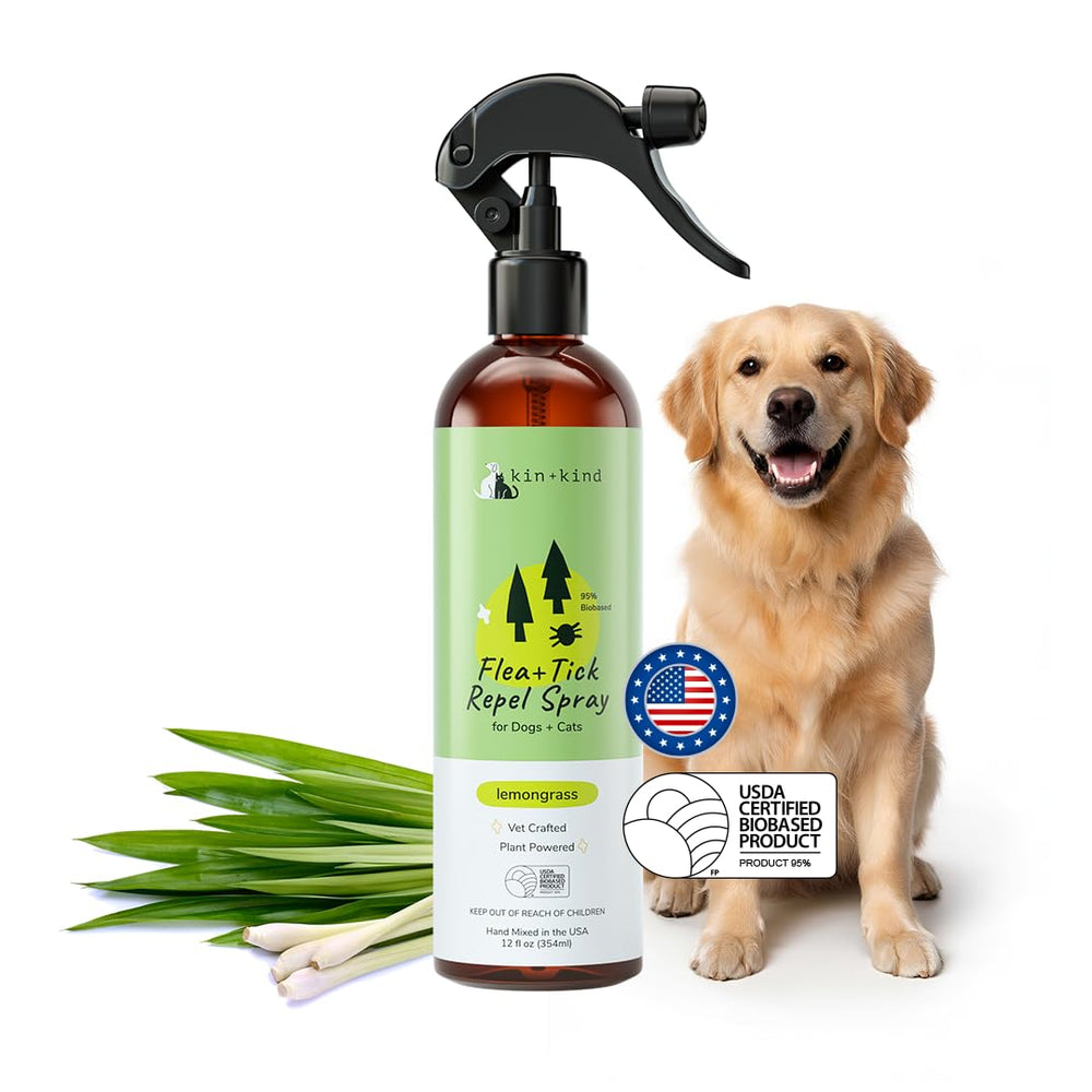 kin+kind: botella frontal del spray antipulgas para perros y gatos.