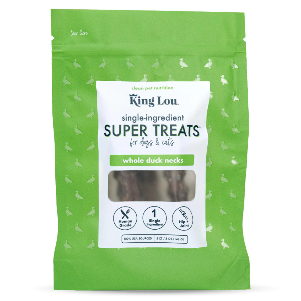 King Lou cuellos de pato enteros para perros, tentempié natural con posible apoyo dental.