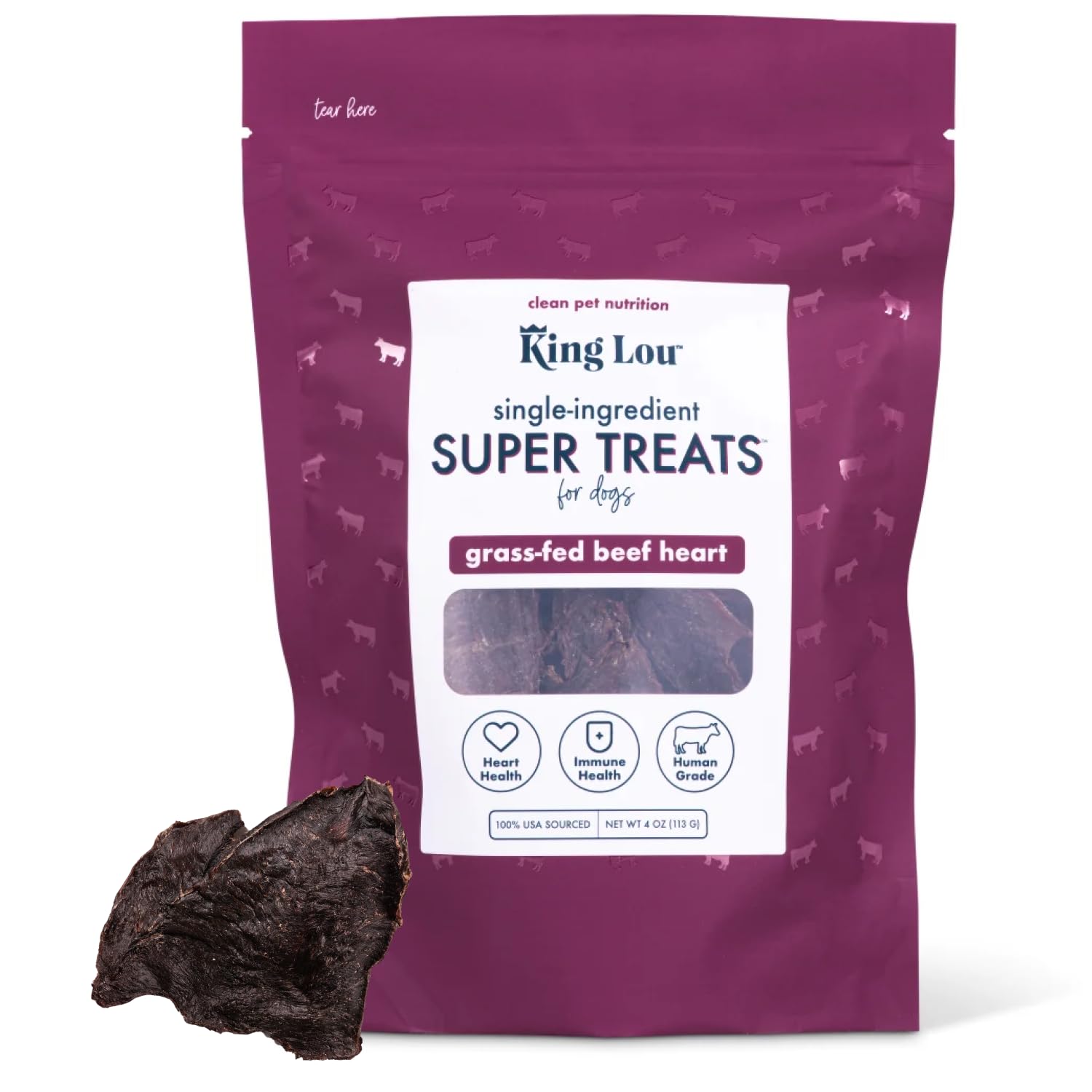 King Lou Pets jerky de corazón de res para perros, snack proteico natural.