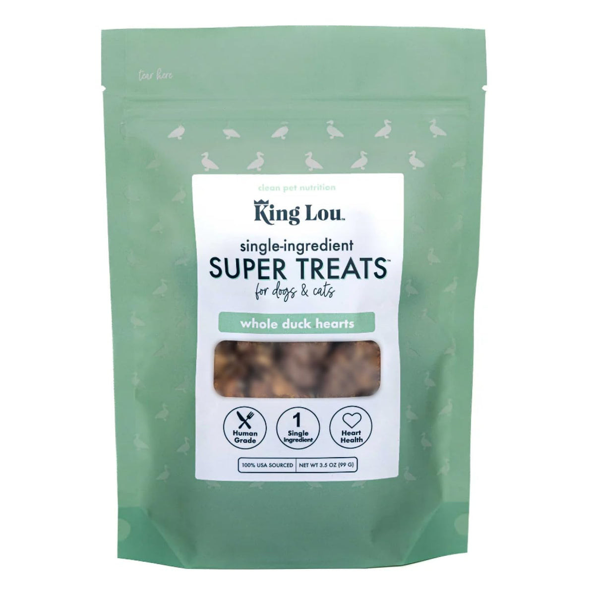 King Lou Pets corazones-de-pato-entero en envase, snack natural para perros y gatos.