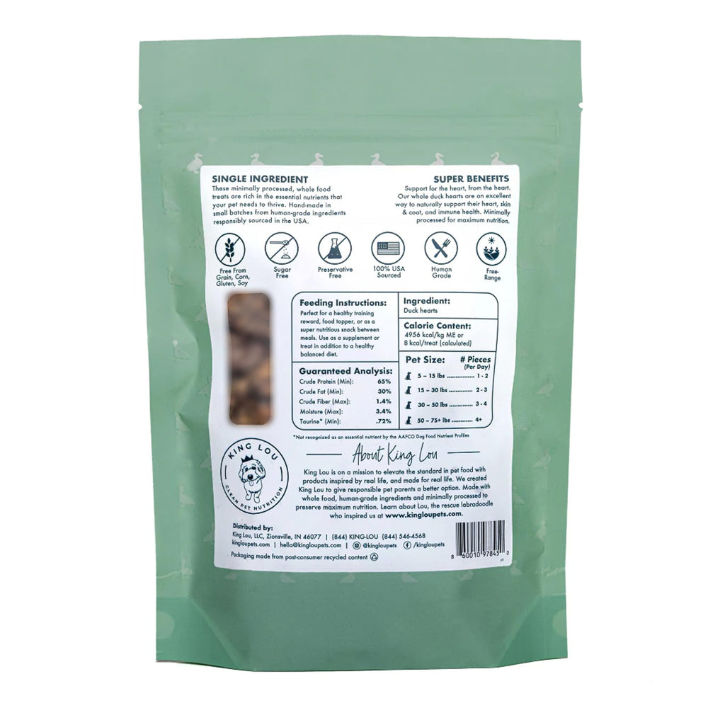 King Lou Pets ingrediente-unico-corazones-de-pato, snack sin aditivos.