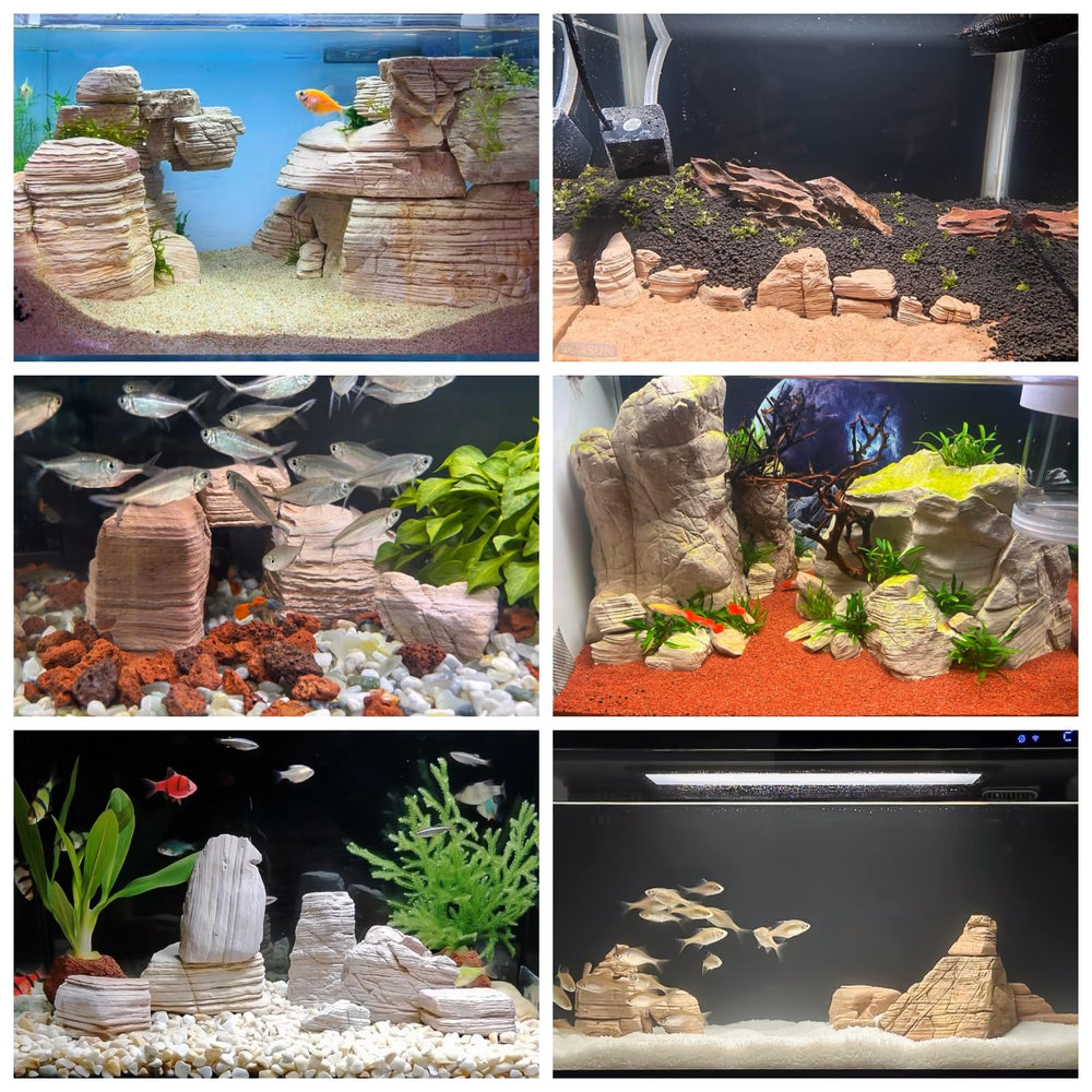 Rocas KINGRUI pagoda para acuario, estriaciones únicas que realzan el entorno.