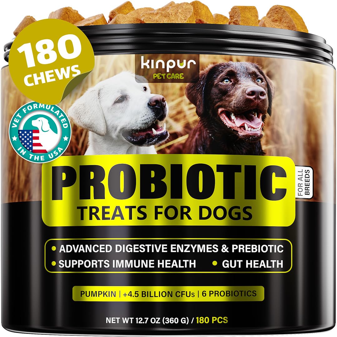 Kinpur Probiotics Chews para perros, botella vertida, apoyo a la salud digestiva.