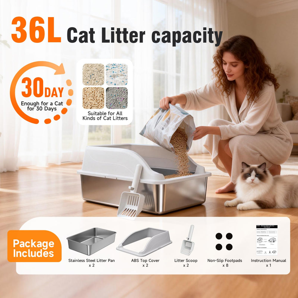 KISENG caja de arena de acero inoxidable XL doble pack, ideal para hogares con varios gatos.