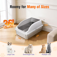 KISENG caja de arena de acero inoxidable XL interior, espacio amplio para gatos.