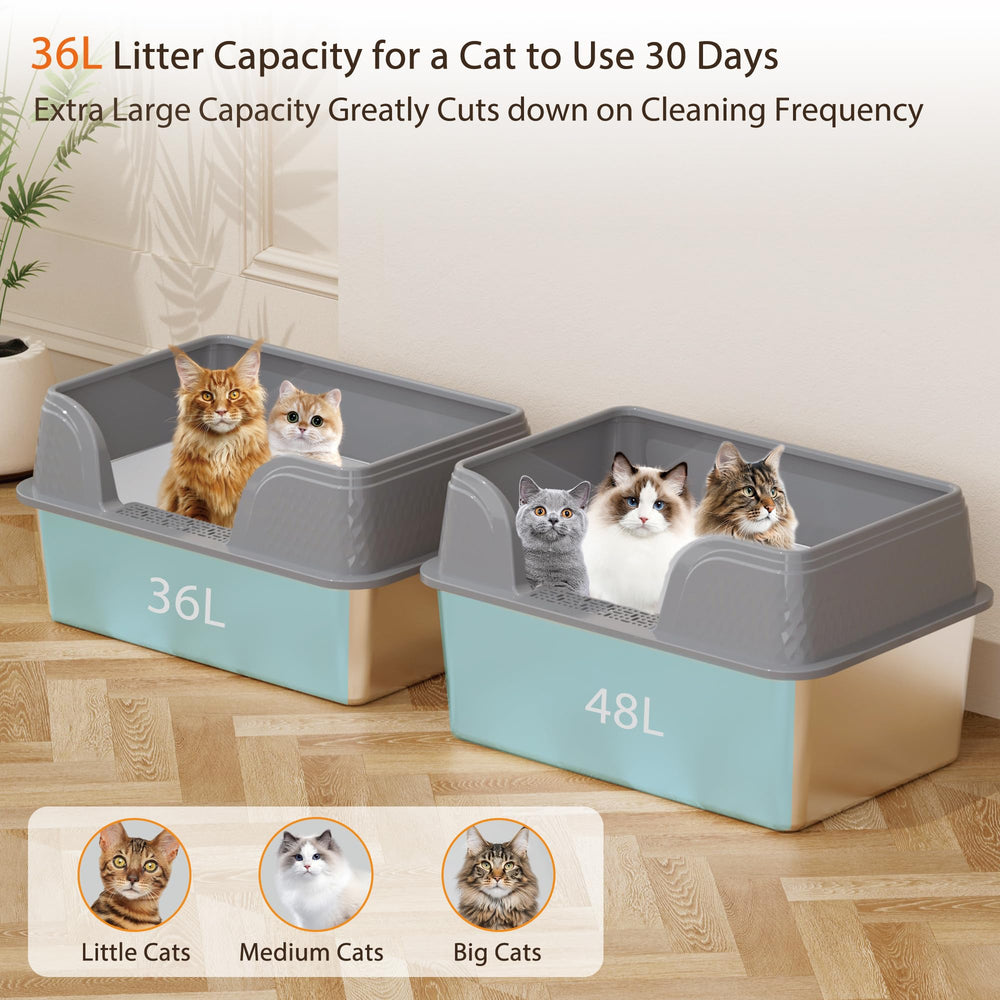 Kittenhood caja de arena acero inoxidable con paredes altas para menos desorden.