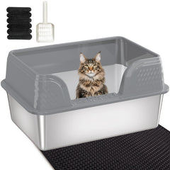 Kittenhood caja de arena acero inoxidable XXL con tapa para piso limpio.
