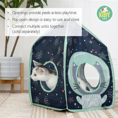 Kitty City Galactic Pop-Up, interior visible, ideal refugio acolchado para siestas tranquilas.