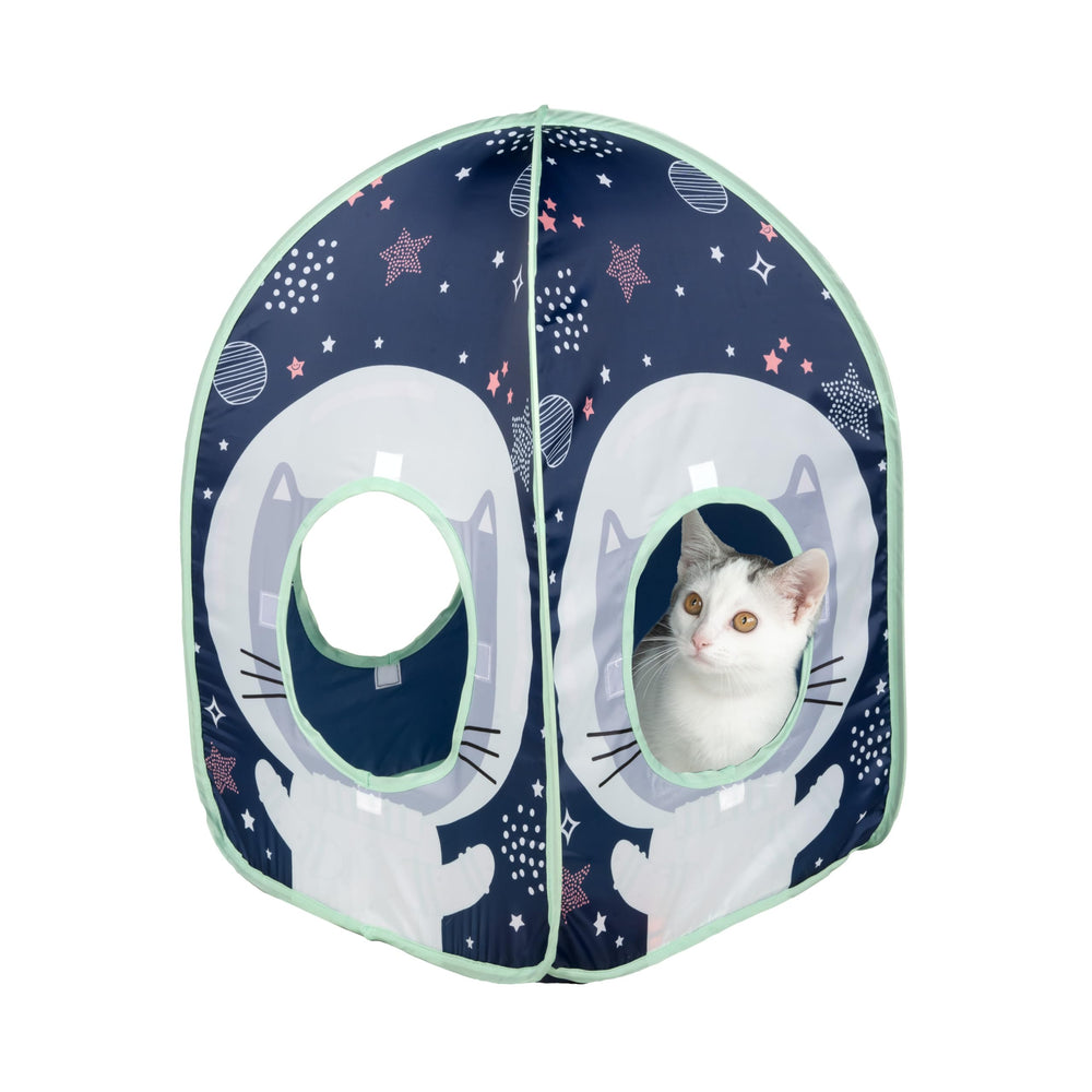 Kitty City Galactic Pop-Up, vista general de la casa de juego para gatos, ideal para descansar y observar.