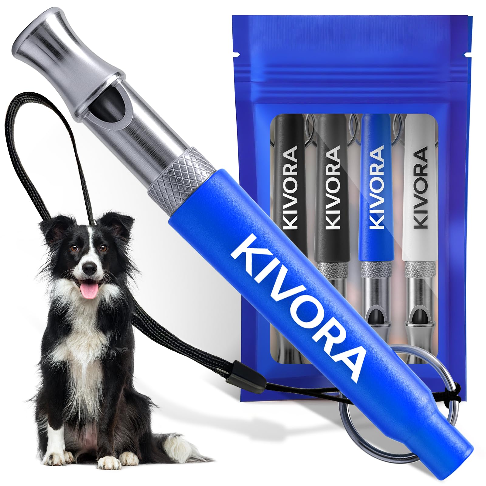 KIVORA silbato para perros en azul de acero inoxidable 304, ideal para entrenamiento a distancia.