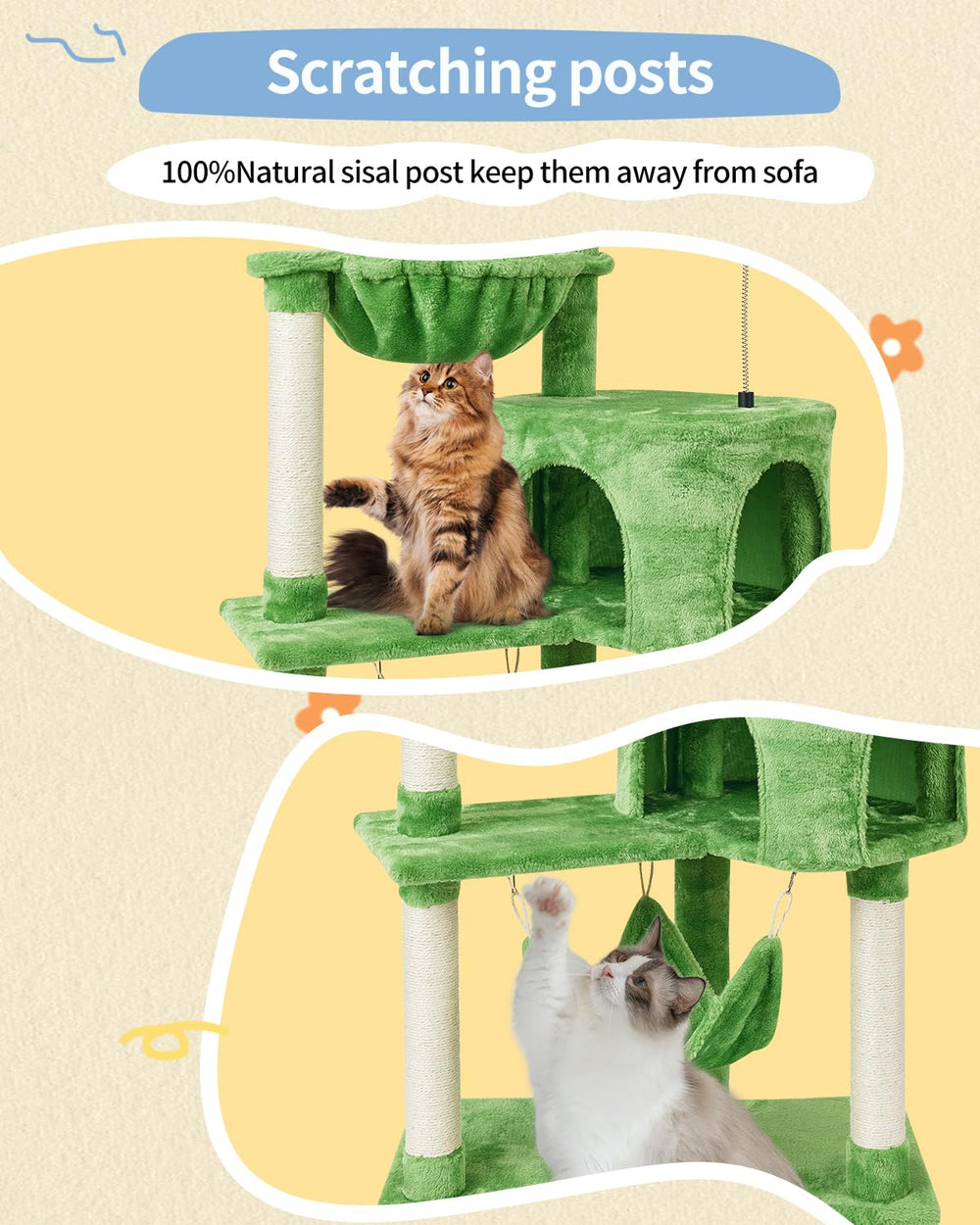 KIYUMI árbol para gatos con hamaca verde, asiento de descanso cómodo.