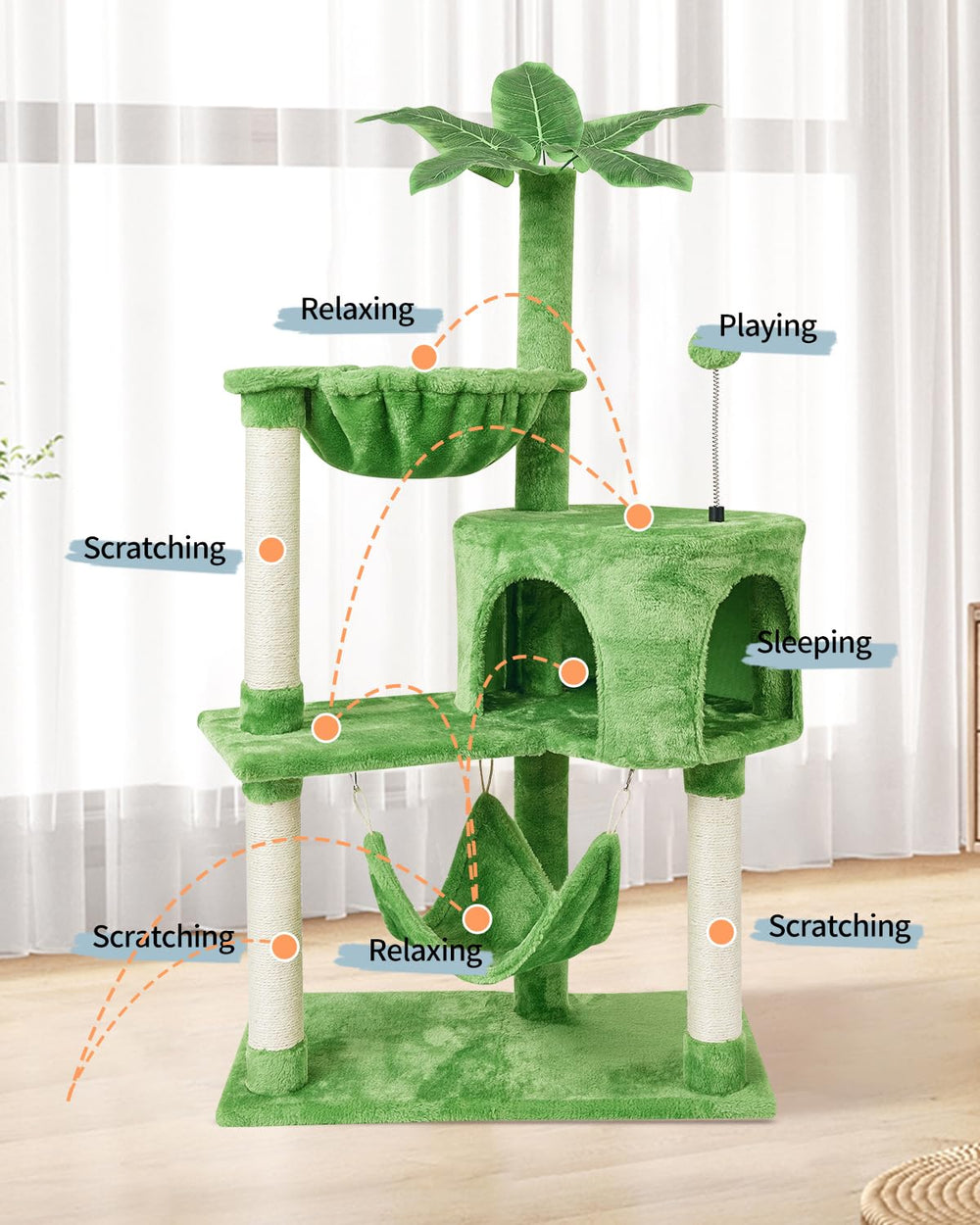 KIYUMI árbol para gatos con poste de sisal verde, ideal para rascar y proteger muebles.