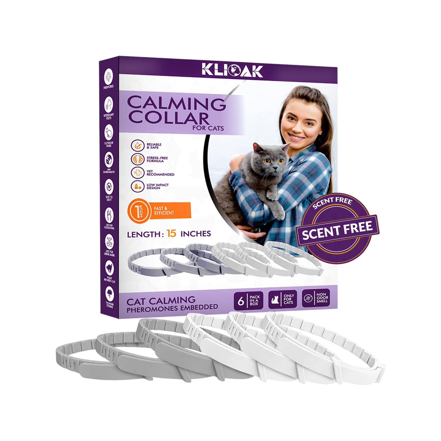 Collar calmante Klioak en primer plano para tranquilidad diaria del gato.