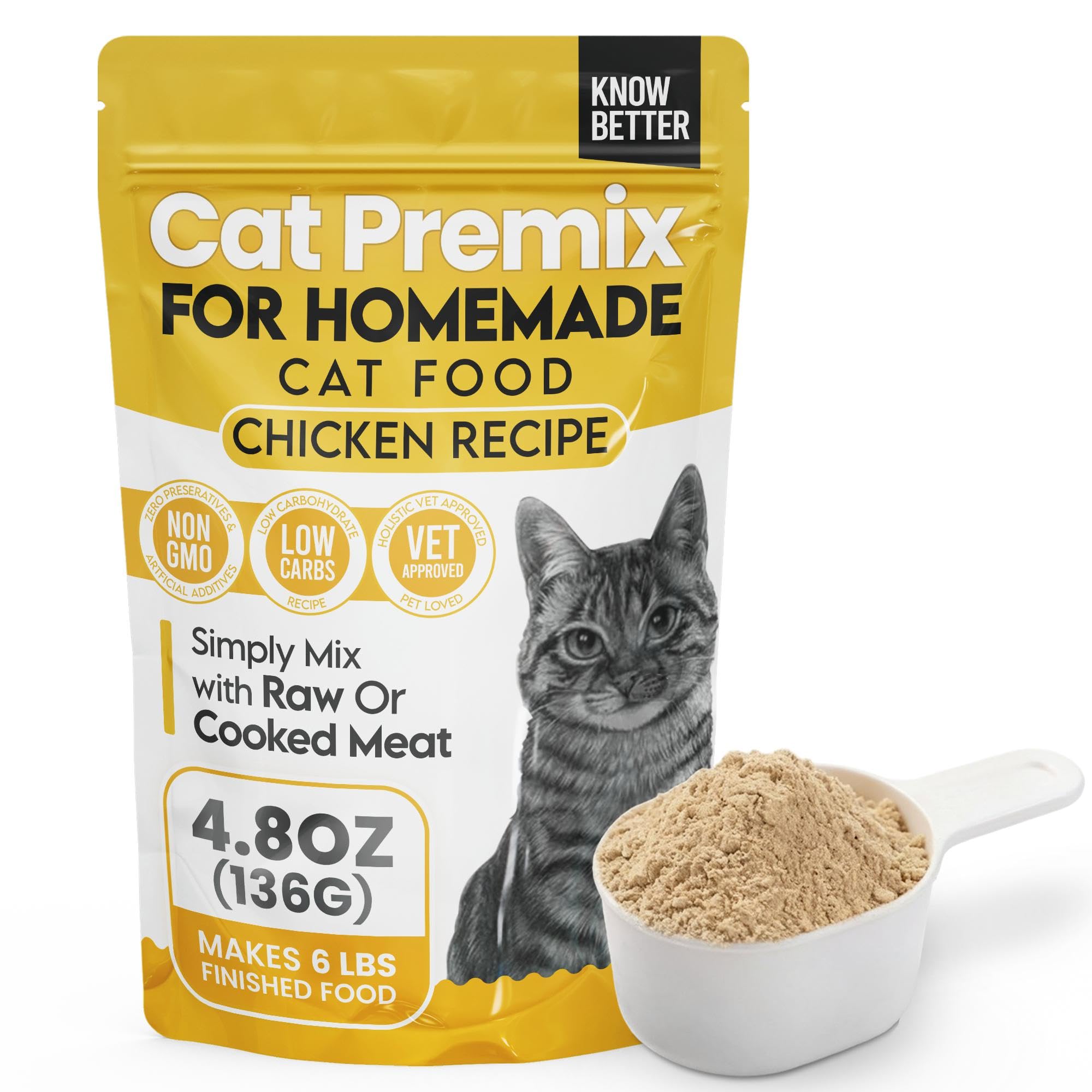 Know Better Premix pollo empaque, ideal para preparar comidas balanceadas para gatos.