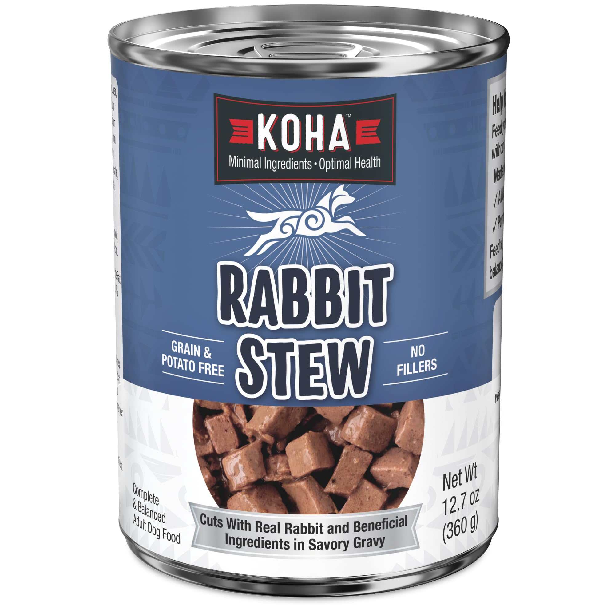 KOHA estofado de conejo en plato con ingredientes mínimos, fácil de digerir.