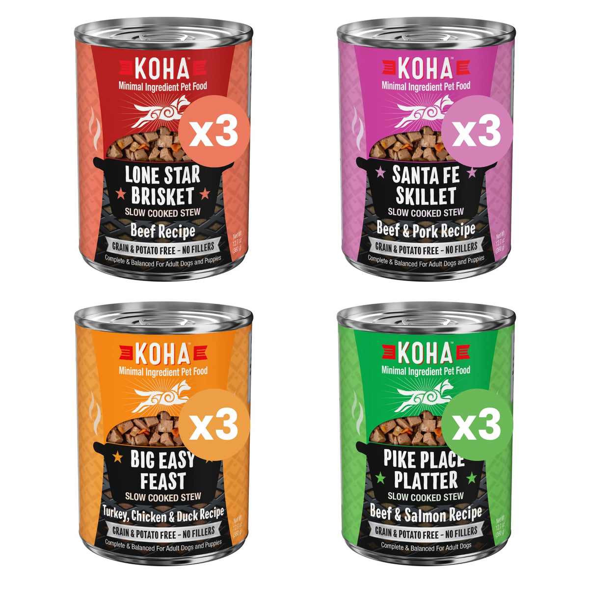 KOHA estofados lentos variedad pollo-res-cerdo-salmon, ideal para perros exigentes.
