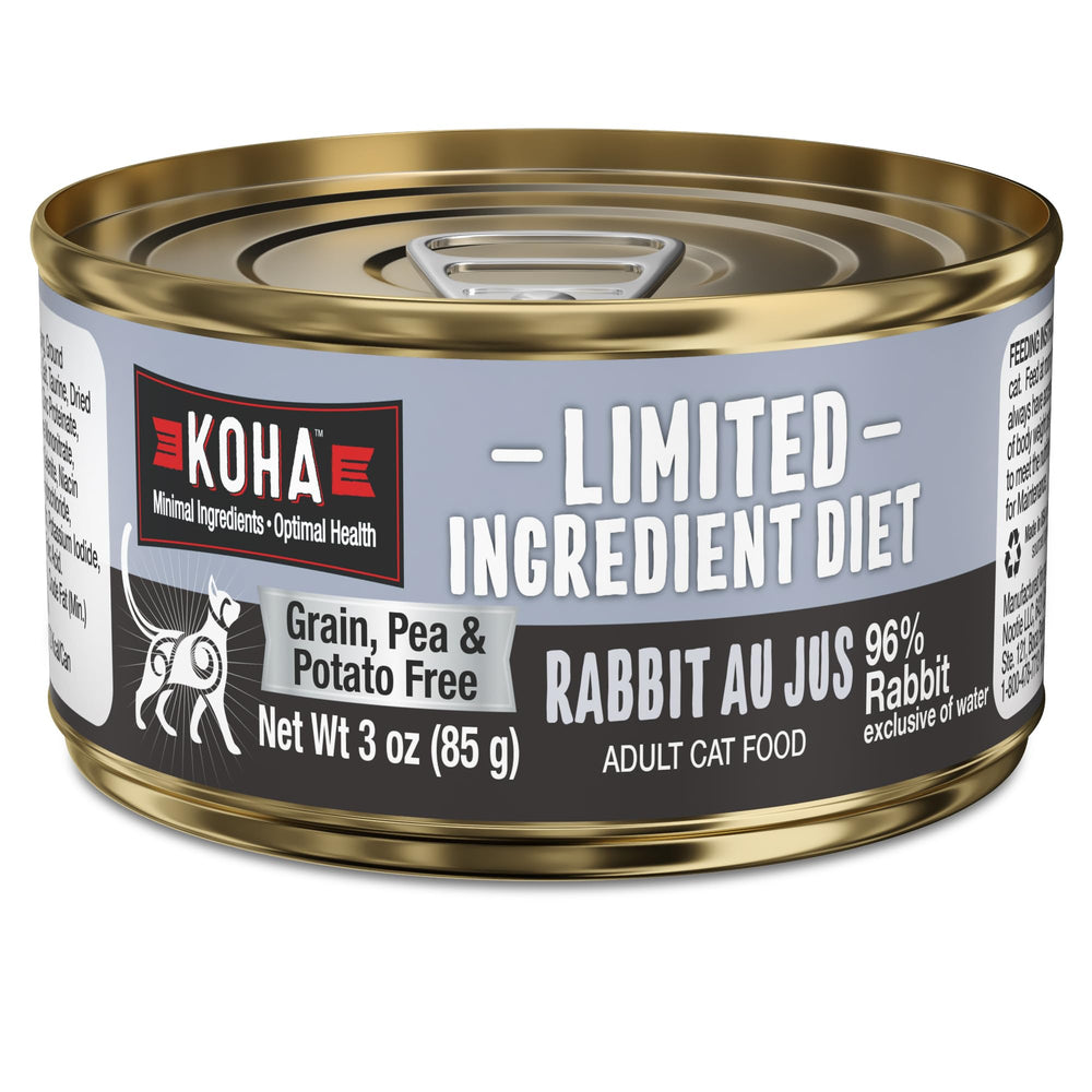 KOHA lata conejo-en-jugo, ideal para estómagos sensibles.