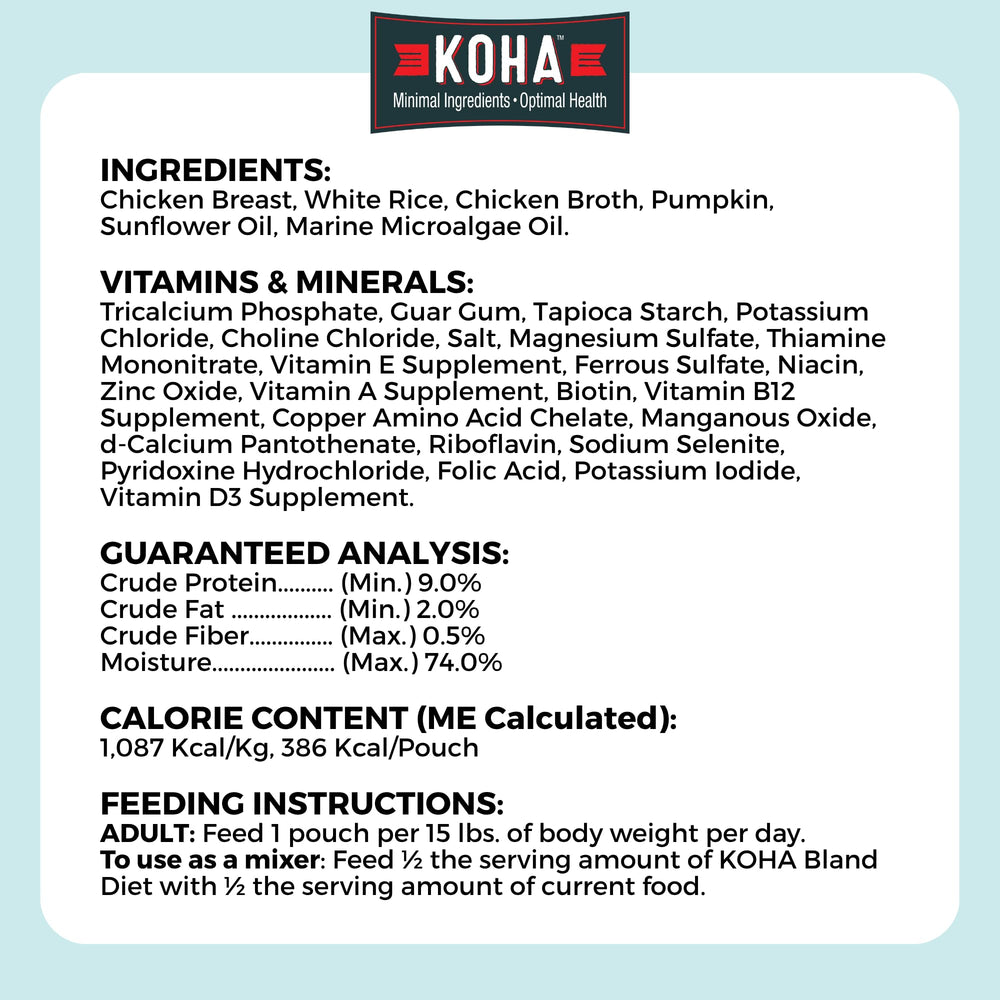 KOHA Pet Bland Diet ingredientes simples y naturales para estómago sensible.