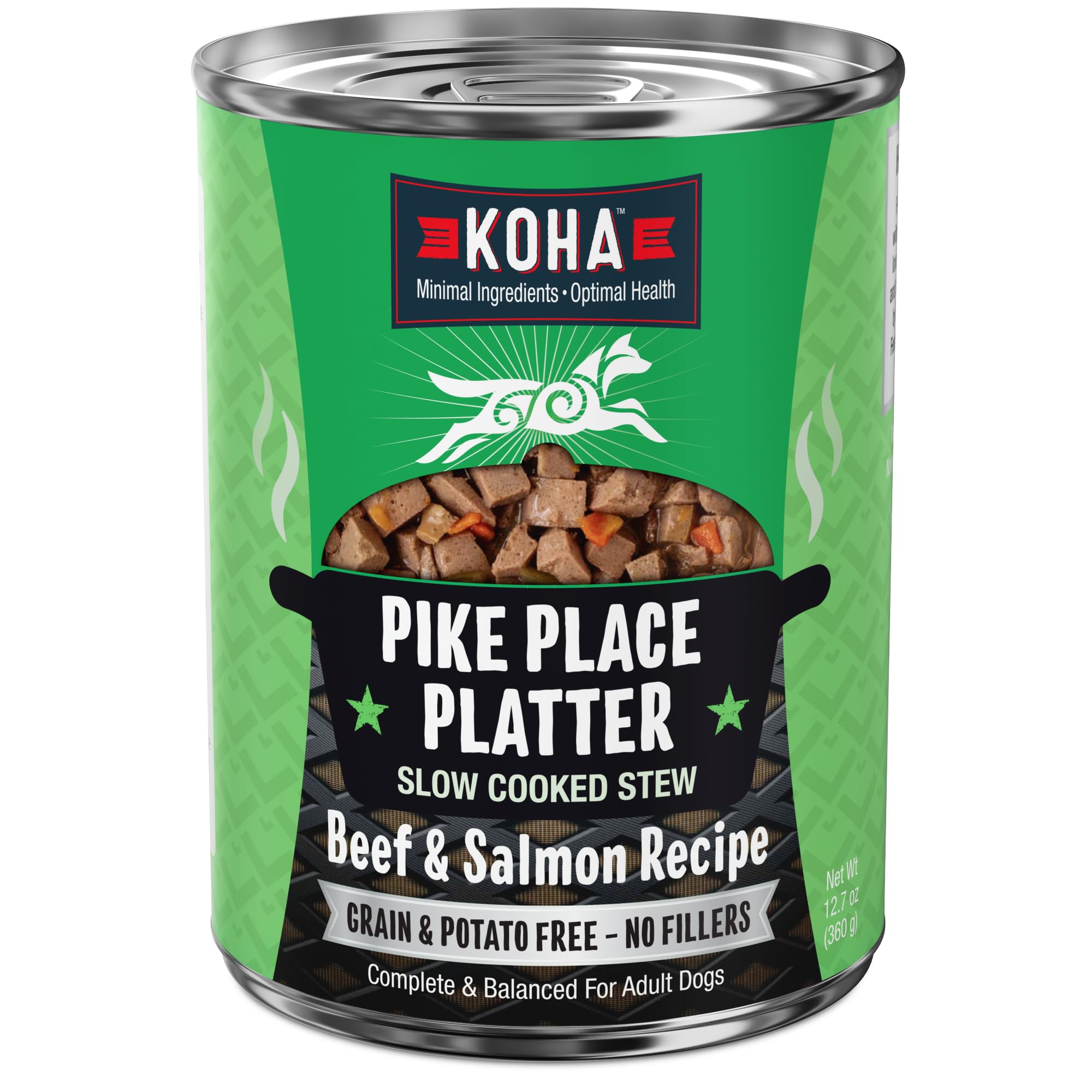 KOHA Pike Place Platter en lata de 12,7 onzas, ideal como comida húmeda proteica para perros.