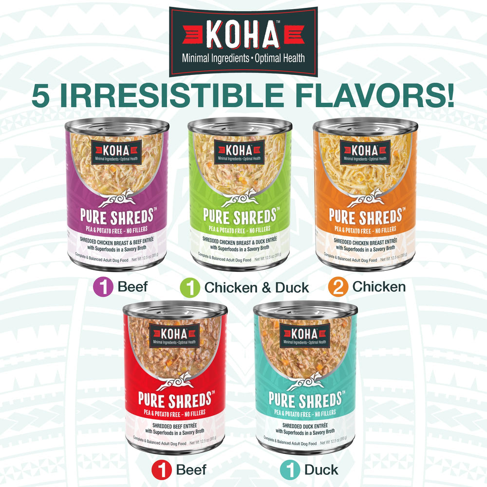 KOHA Pure Shreds pato en lata, sabor intenso para perros exigentes.