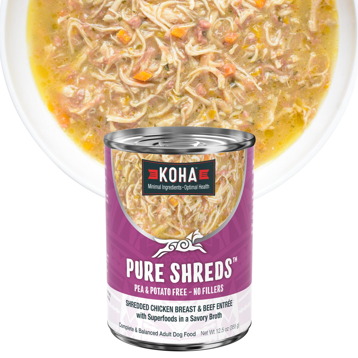 KOHA Pure Shreds pollo deshilachado en caldo, opción sabrosa para estómagos sensibles.
