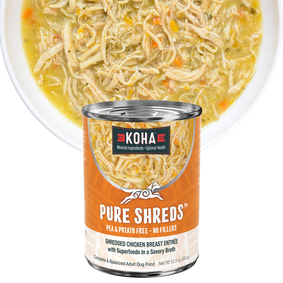 KOHA Pure Shreds pollo desmenuzado en caldo, opción húmeda para perros sensibles.