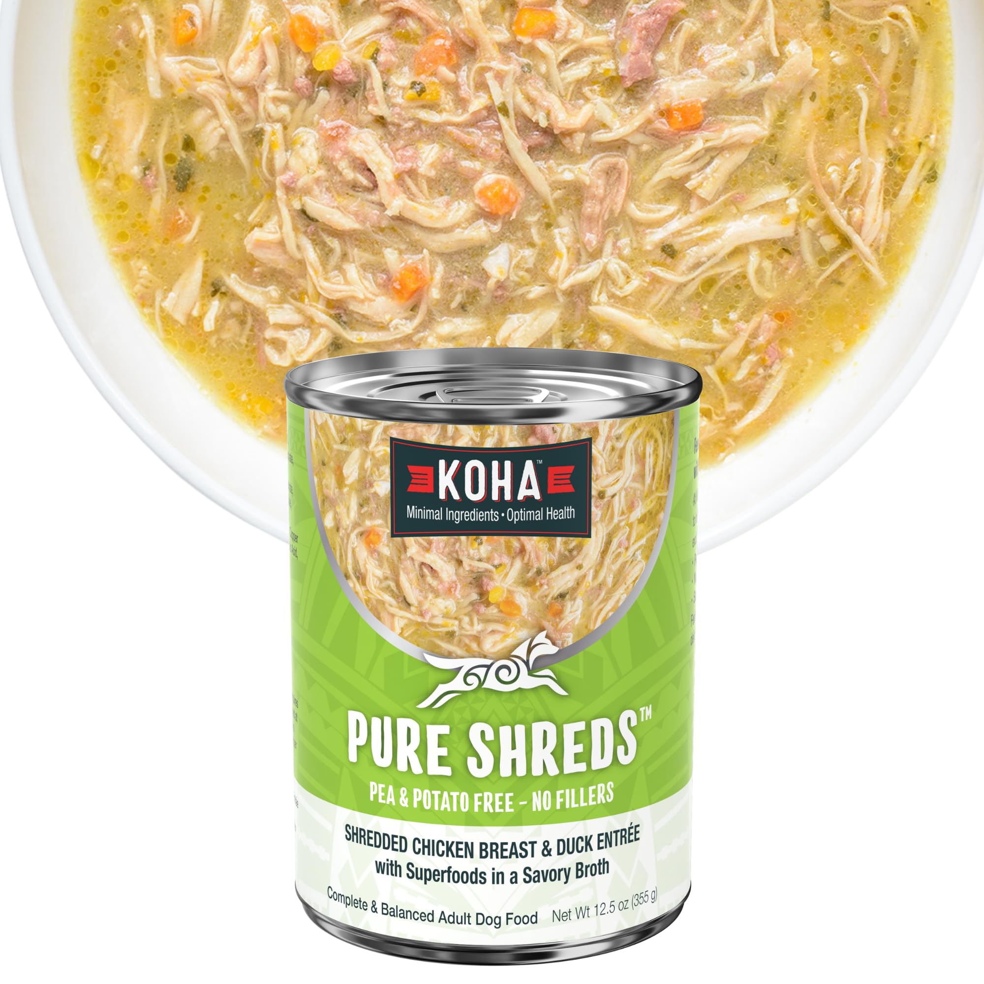 KOHA Pure Shreds pollo y pato deshilachados en caldo, ideal para estómagos sensibles.