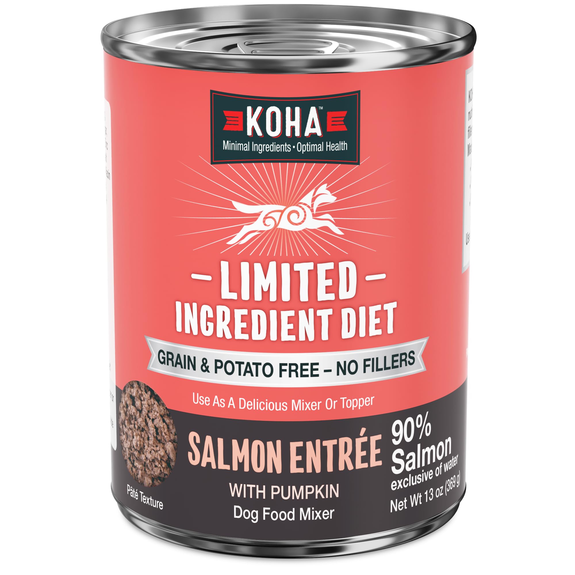 KOHA Salmon Entree frente de lata, experiencia de comida húmeda para perros.