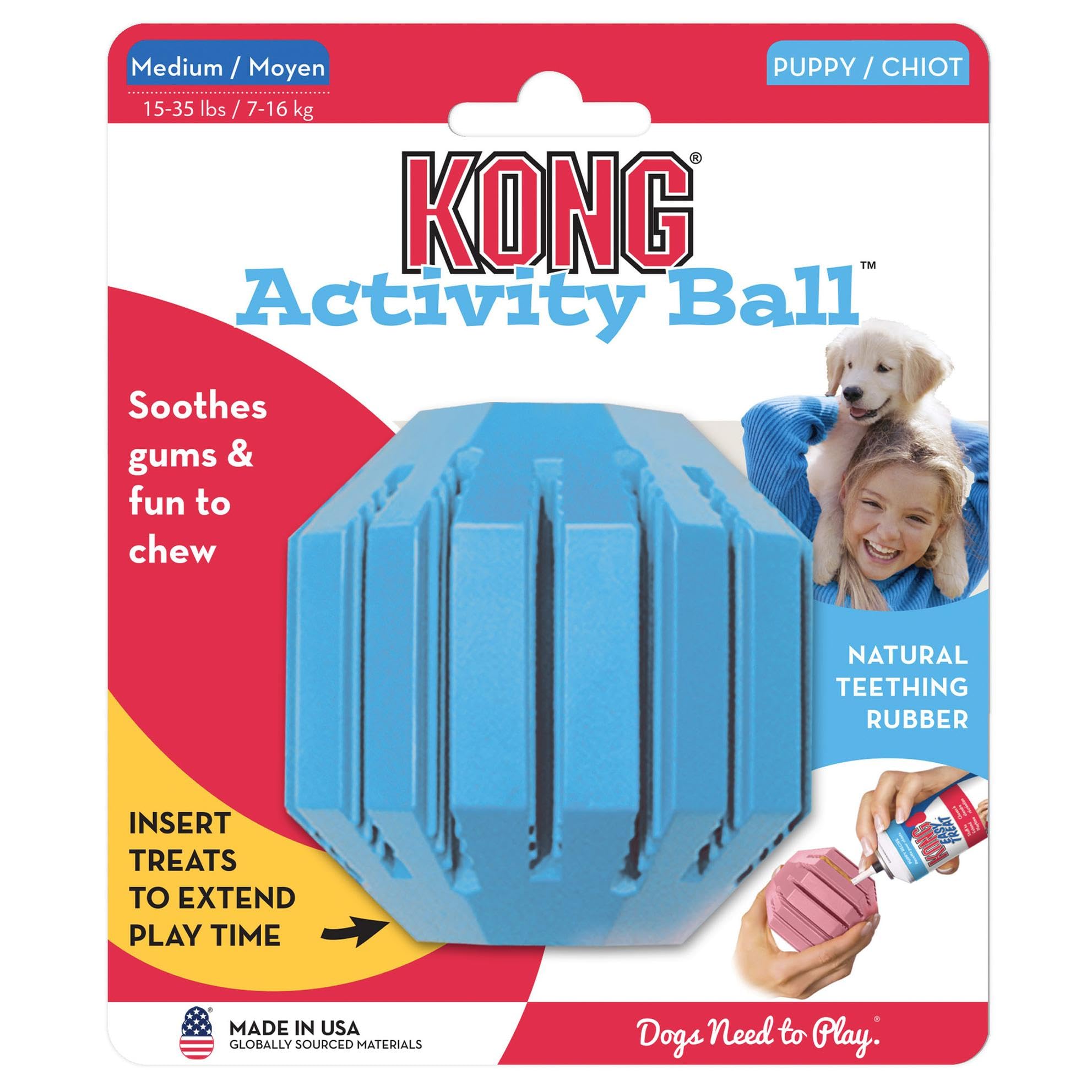 KONG Bola de Actividad para Cachorro, diseño dental para juego y mordida suave.