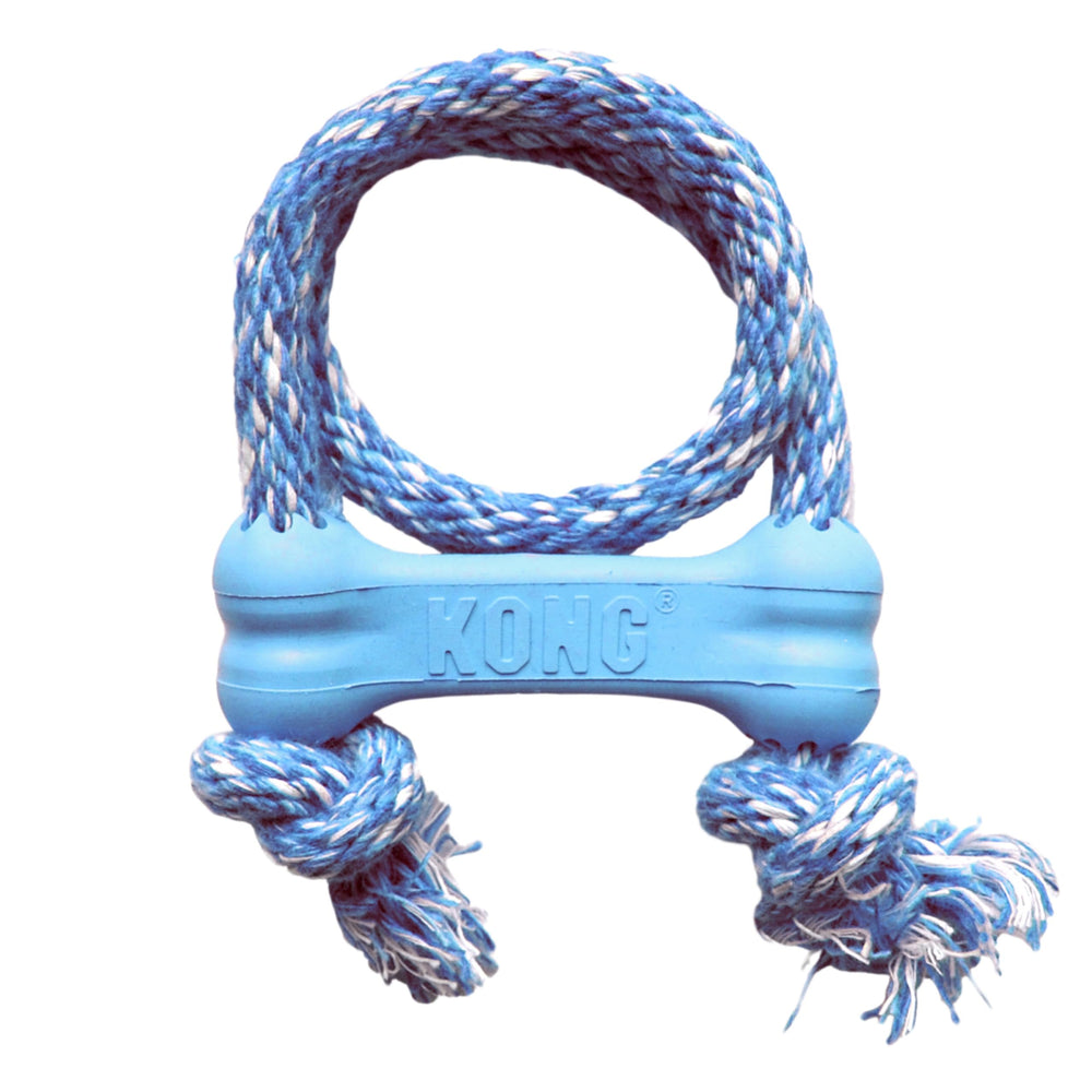 KONG Goodie Bone con cuerda azul para cachorros, hueso de goma natural y masticación segura