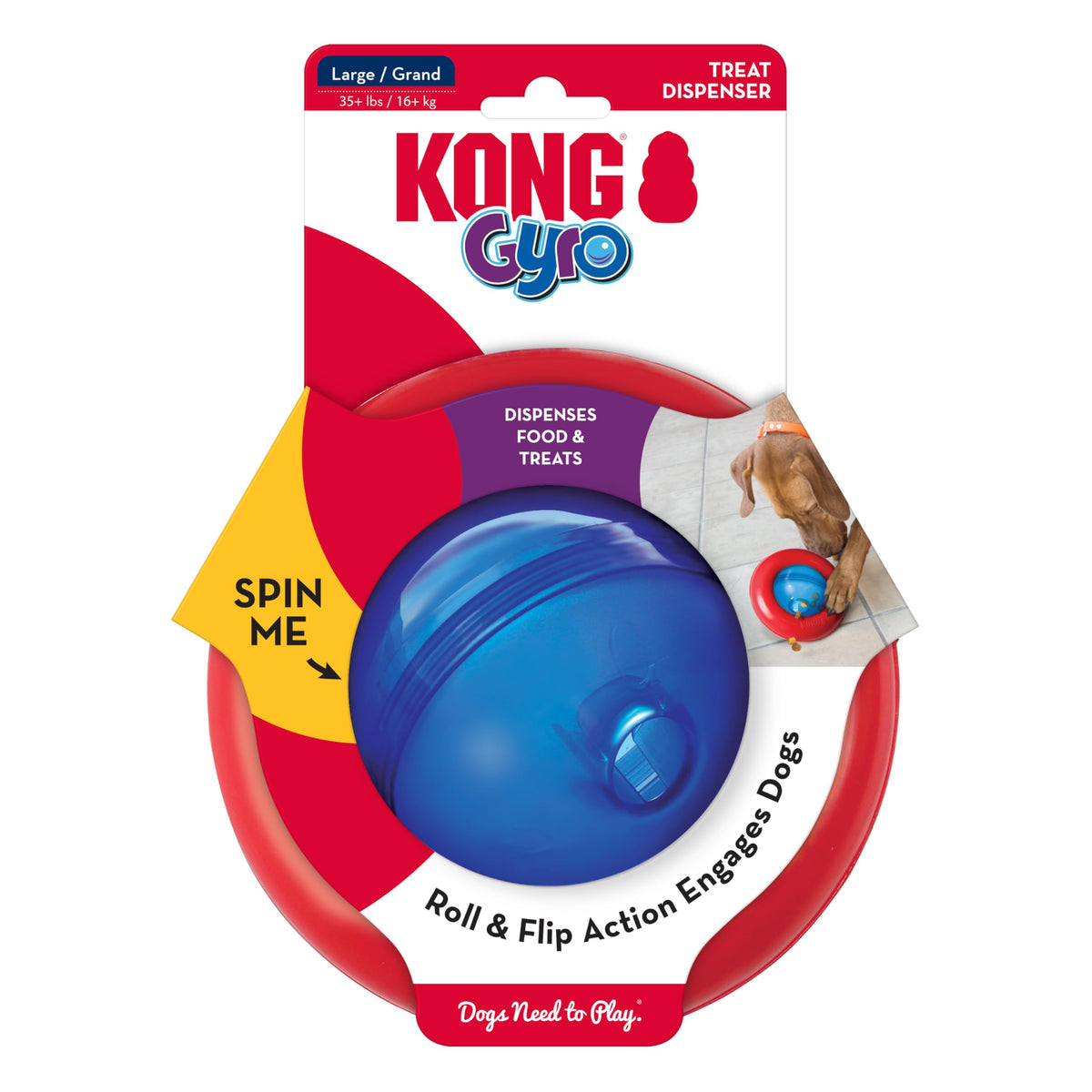 KONG Gyro, juguete-interactivo-dispensador-premios para perros, estimulando la curiosidad.