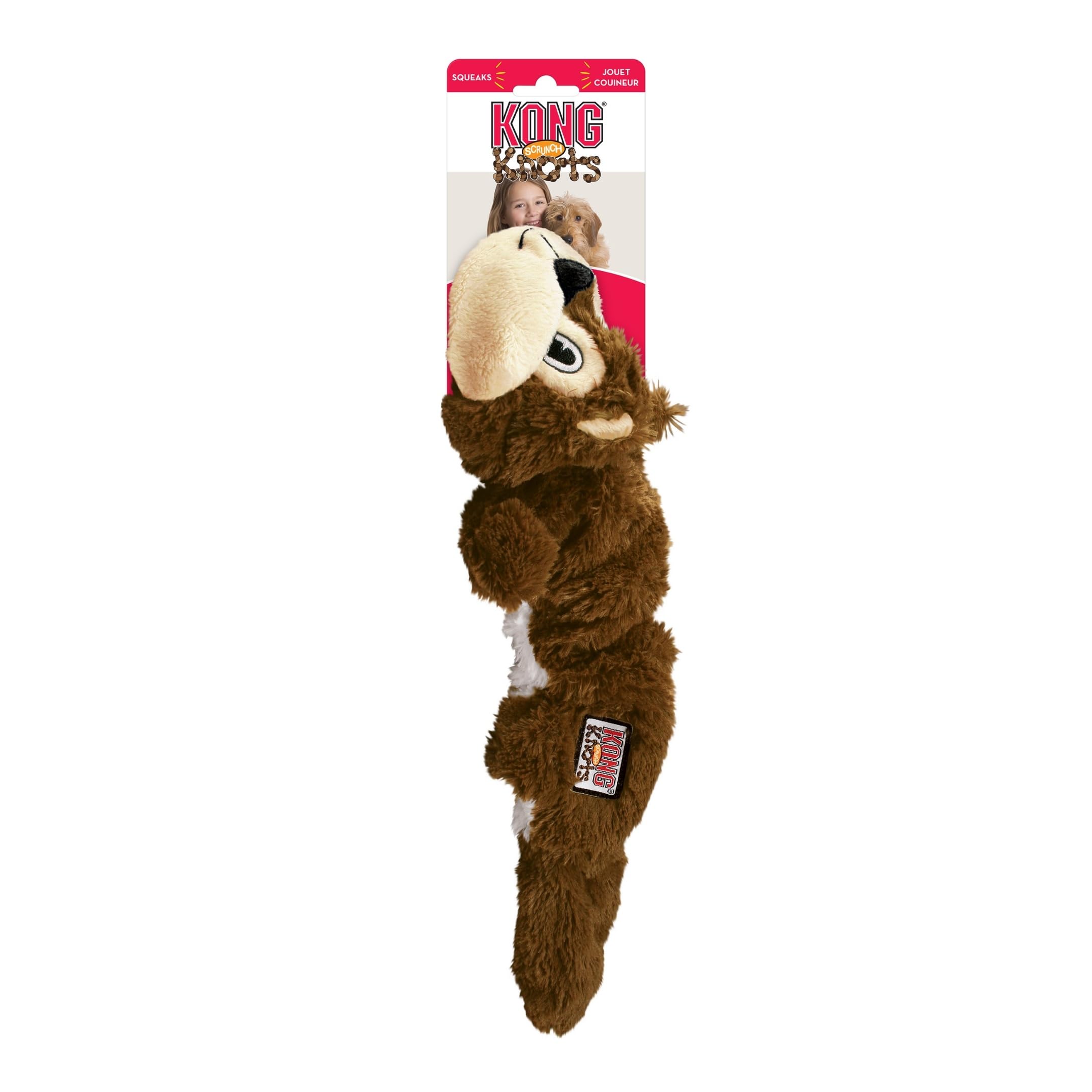 KONG Scrunch Knots Squirrel chirría al morder para más entretenimiento.