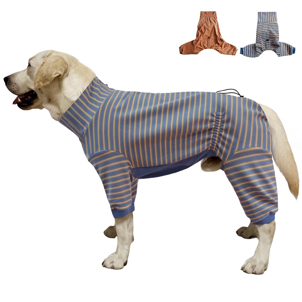 KOOGAL pijama para perro azul rayas, vista frontal, cómodo para paseos diarios.