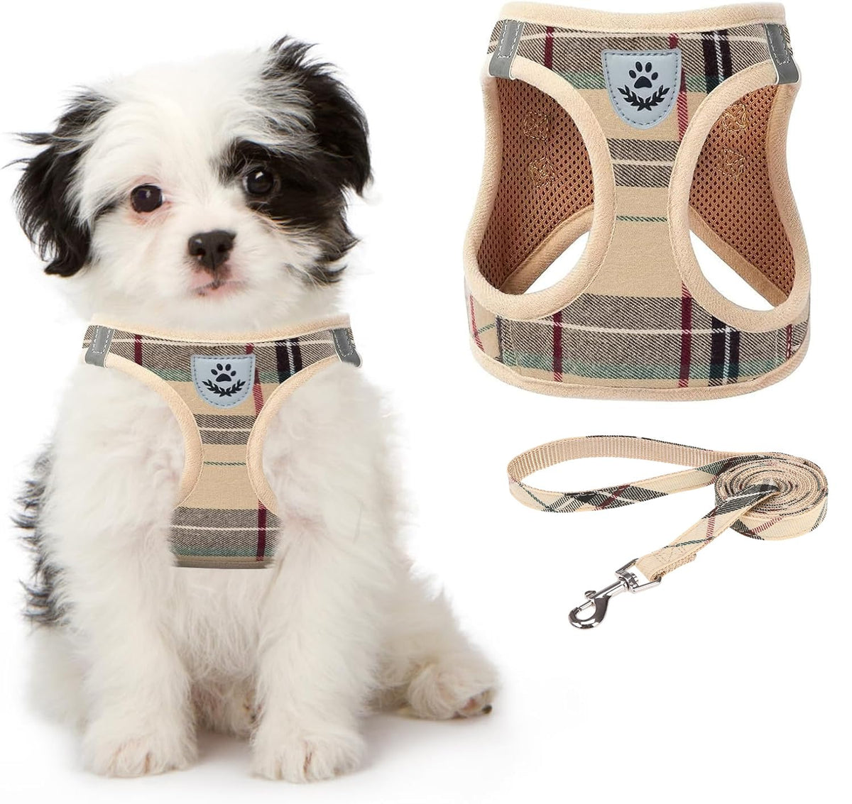 KOOLTAIL arnés para perro pequeño con plaid beige, cómodo y con estilo.