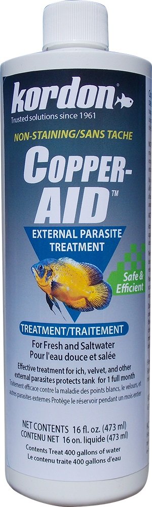 Kordon Copper-AID frasco de 16 onzas para parásitos externos en acuarios, ayuda a prevenir infestaciones.