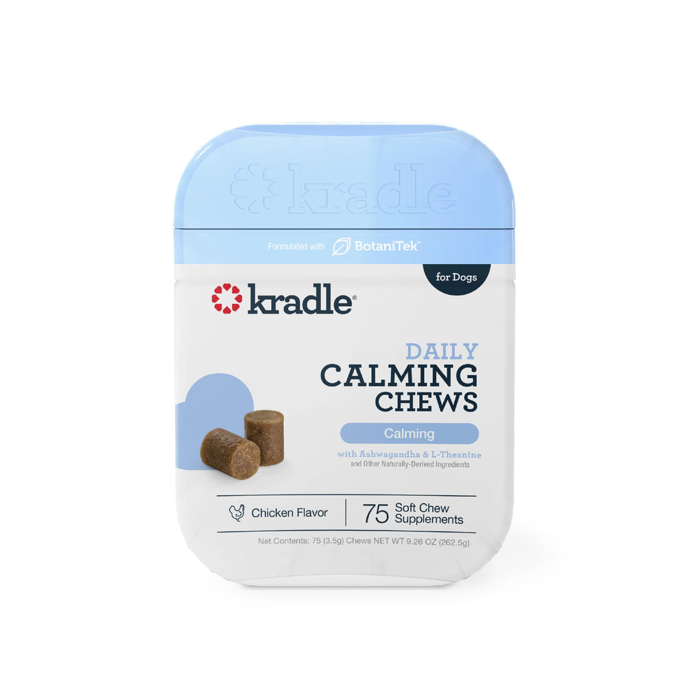Kradle masticables calmantes para perros: botella lista para la rutina diaria.