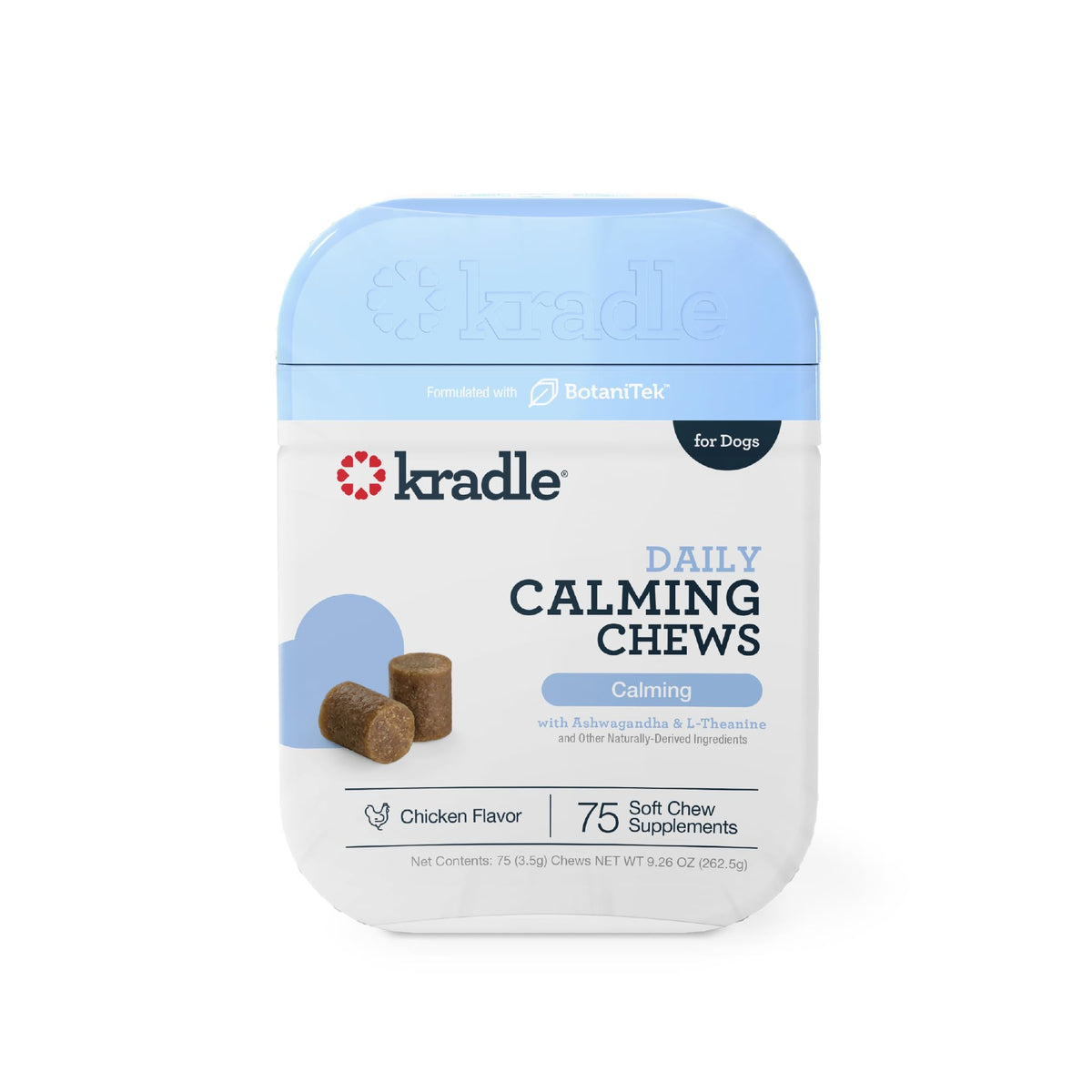 Kradle masticables calmantes para perros: botella lista para la rutina diaria.