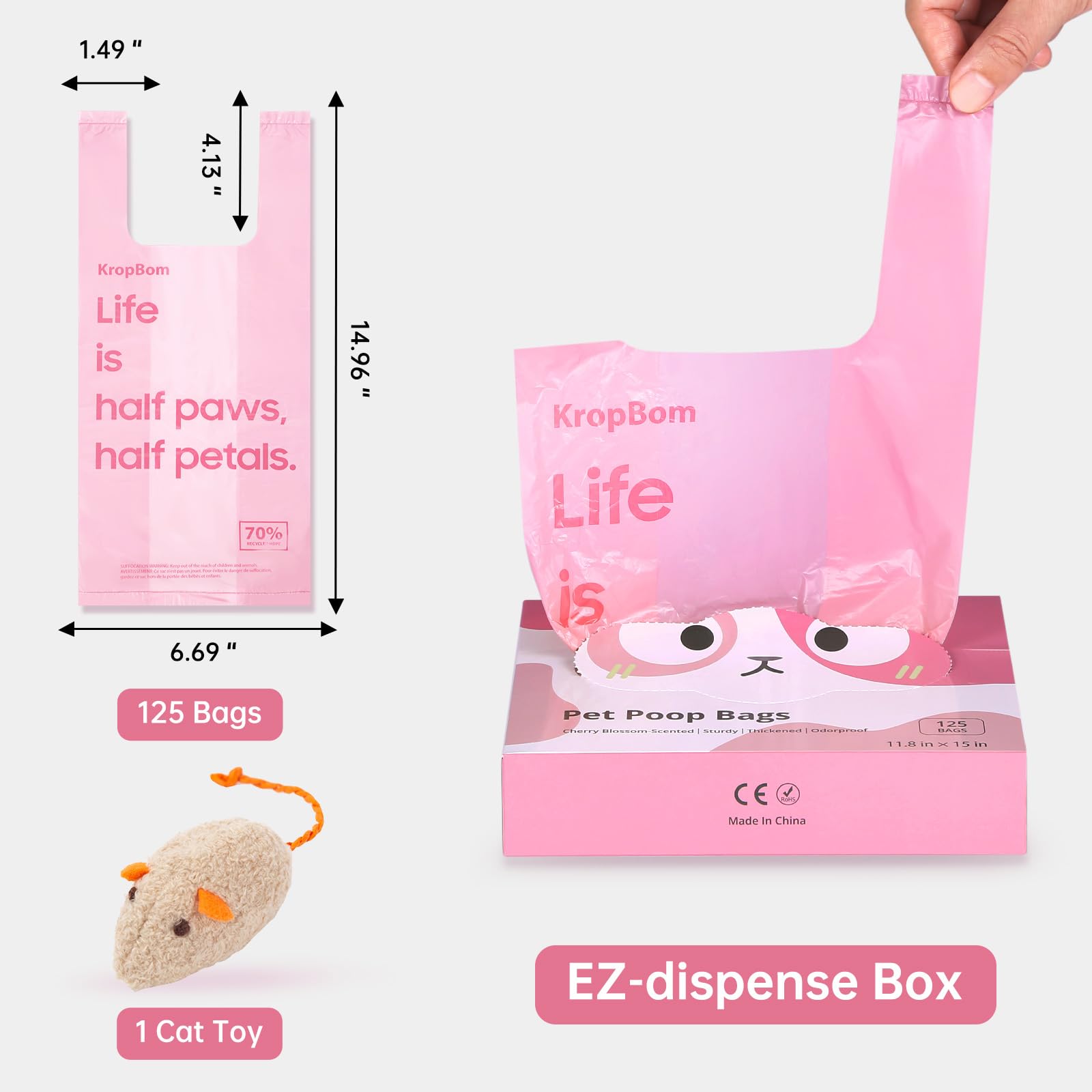 Paquete 125 bolsas KropBom con juguete sorpresa para gatos.