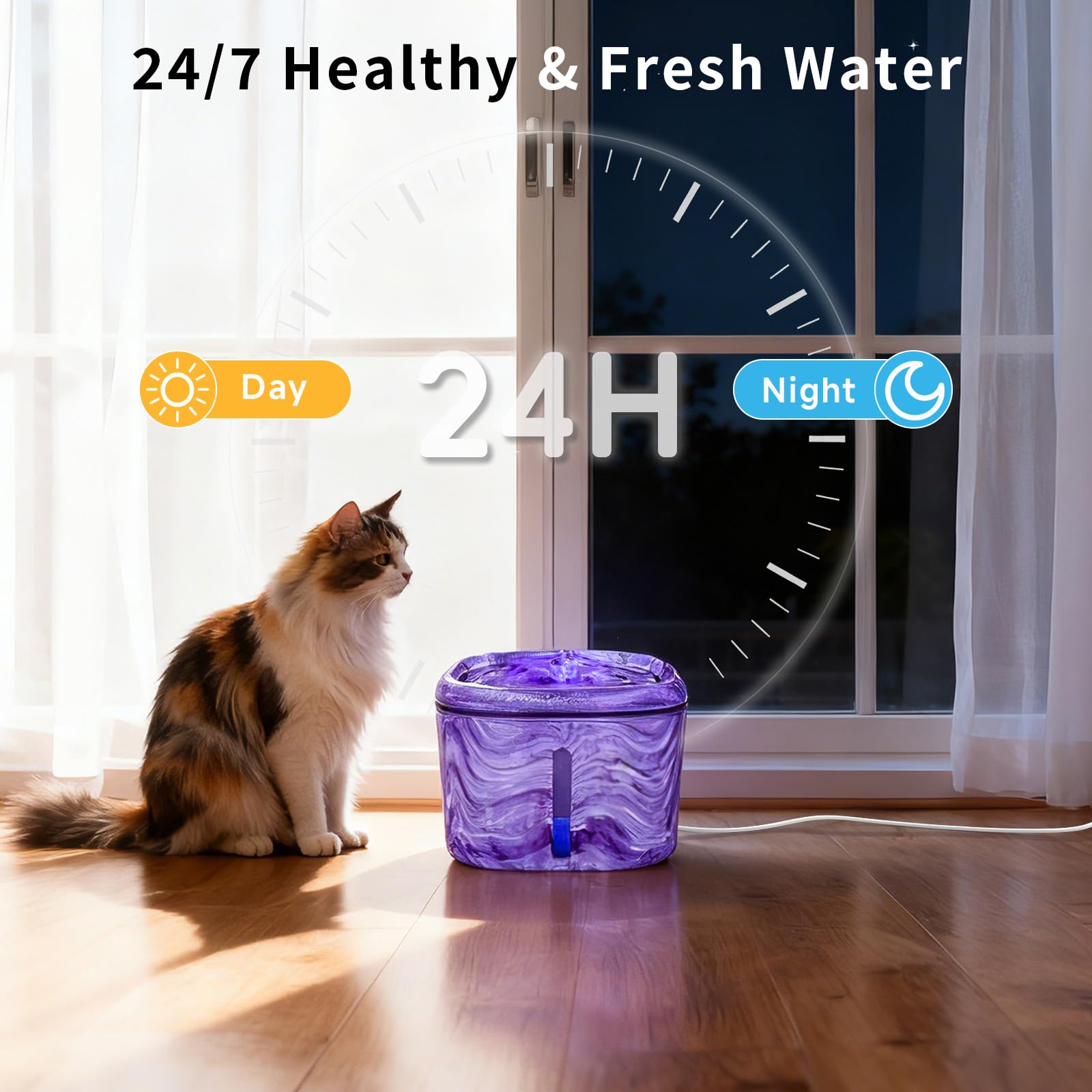 Ksuefao fuente morada, doble flujo de agua para atraer al felino.