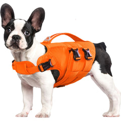 Kuoser chaleco salvavidas para perro XL, vista frontal naranja, ofrece flotación estable para nadar