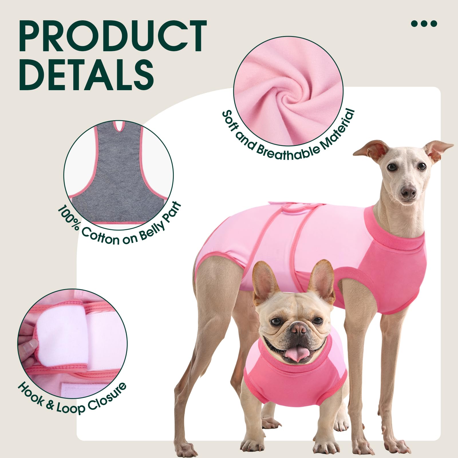 Kuoser traje de recuperación para perros, cierre seguro y compatibilidad con pañales para mayor protección.