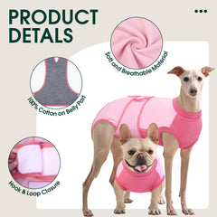 Kuoser traje de recuperación para perros, cierre seguro y compatibilidad con pañales para mayor protección.