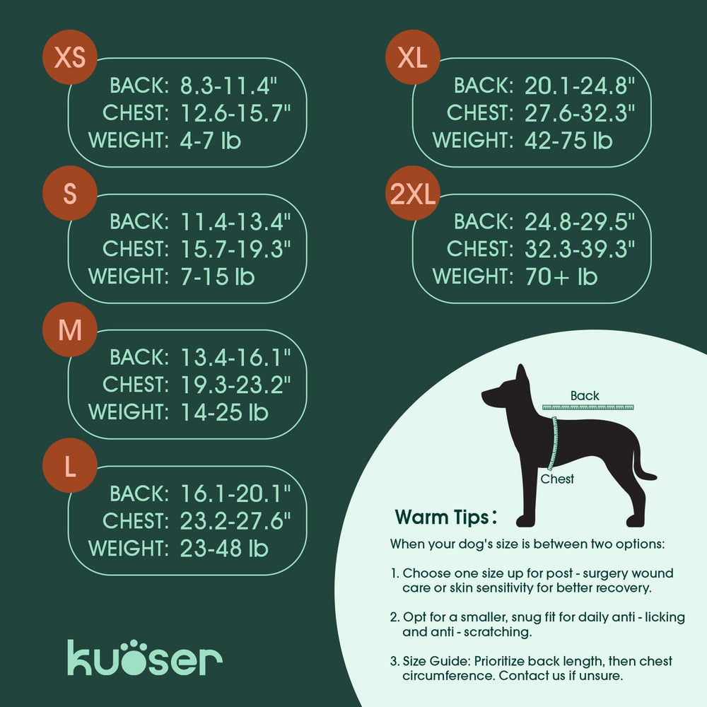 Kuoser mono de recuperacion para perro, vista trasera, protege incisiones durante el reposo diario