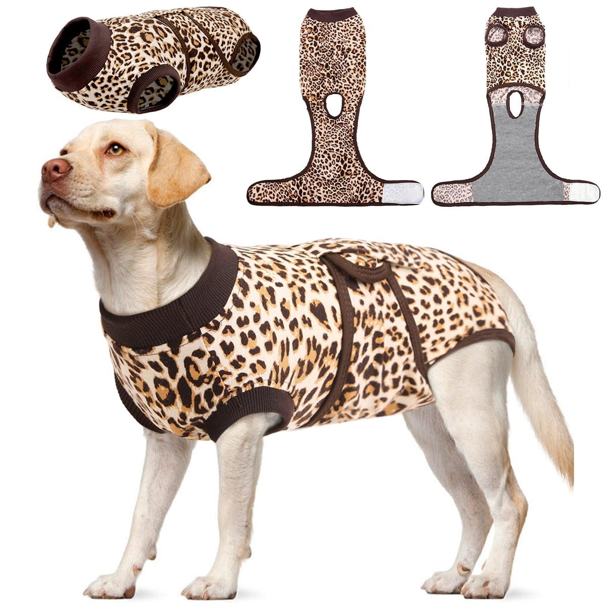 Kuoser traje recuperación perro marrón leopardo xl, diseño cómodo para la recuperación postoperatoria del perro.