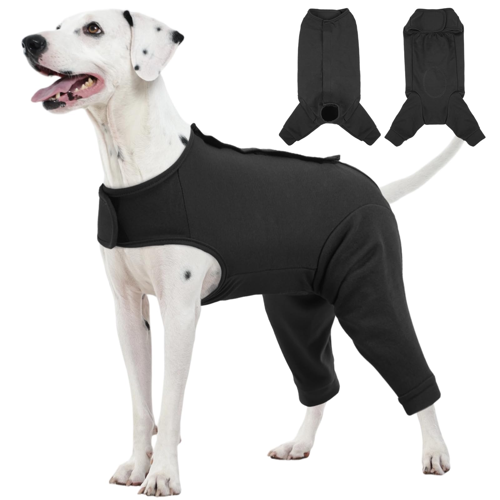 Traje Kuoser para perro con foco en patas traseras, ayuda a evitar lamido y facilita la recuperación.